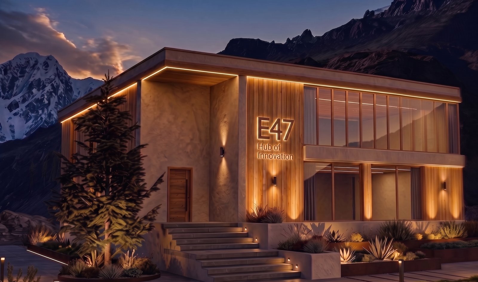 Architectural rendering of the E47 Base Camp — a timber-and-stone building lit at dusk beneath the Karakoram range, with 'E47 Hub of Innovation' on the facade
